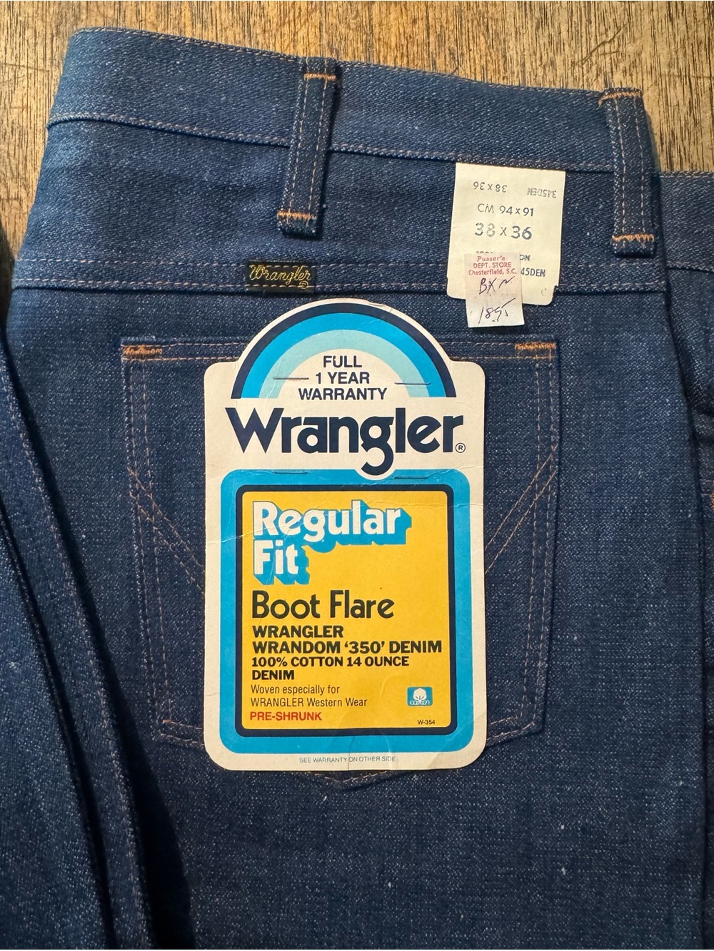 Vintage 70s Wrangler Men Bootcut Jeans 38x36 Rigid Denim Western Deadstock NWT